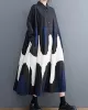 Contrast Color Pleated Printing Split-Joint A-Line Long Sleeves Polo Midi Dresses