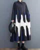 Contrast Color Pleated Printing Split-Joint A-Line Long Sleeves Polo Midi Dresses