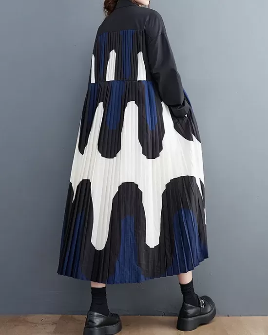 Contrast Color Pleated Printing Split-Joint A-Line Long Sleeves Polo Midi Dresses