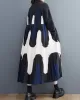 Contrast Color Pleated Printing Split-Joint A-Line Long Sleeves Polo Midi Dresses