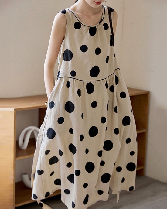 Contrast Color Pleated Polka-Dot Split-Joint Tied Waist Loose Sleeveless Round-Neck Midi Dresses