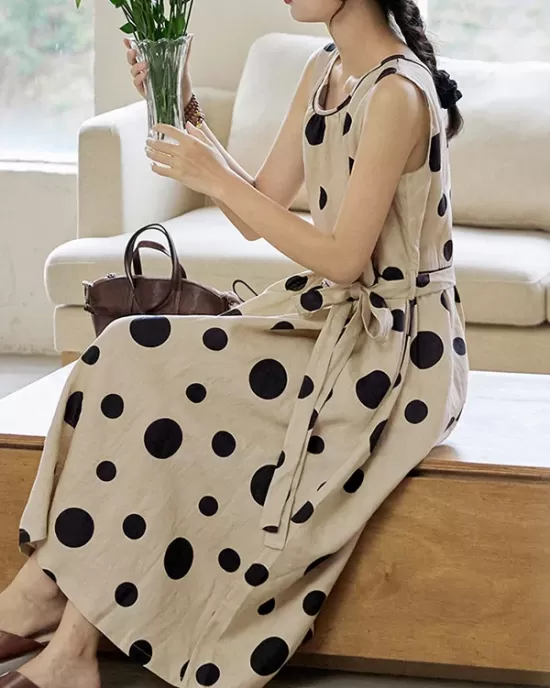 Contrast Color Pleated Polka-Dot Split-Joint Tied Waist Loose Sleeveless Round-Neck Midi Dresses