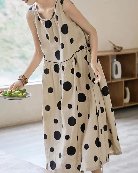 Contrast Color Pleated Polka-Dot Split-Joint Tied Waist Loose Sleeveless Round-Neck Midi Dresses