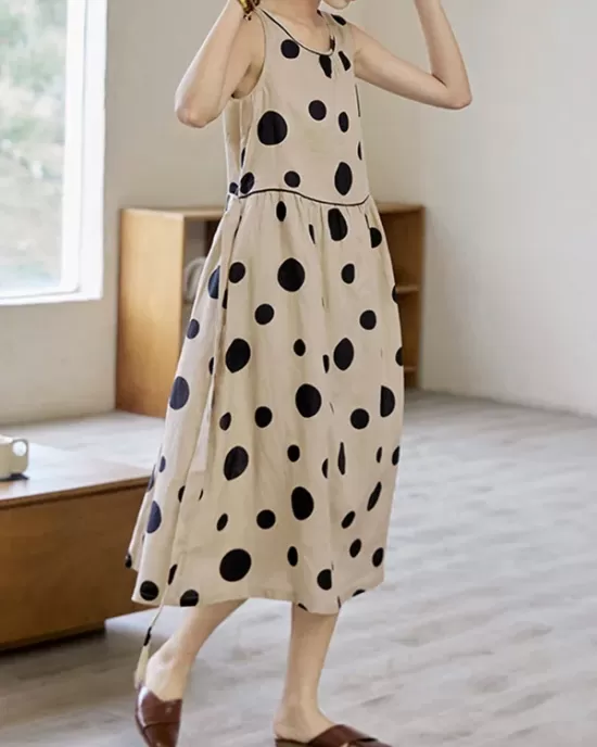 Contrast Color Pleated Polka-Dot Split-Joint Tied Waist Loose Sleeveless Round-Neck Midi Dresses