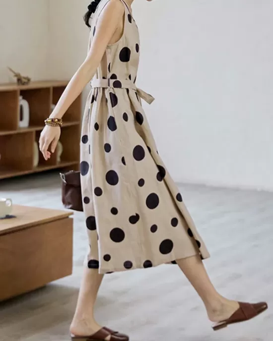 Contrast Color Pleated Polka-Dot Split-Joint Tied Waist Loose Sleeveless Round-Neck Midi Dresses