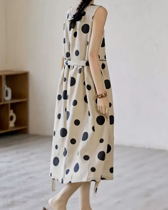 Contrast Color Pleated Polka-Dot Split-Joint Tied Waist Loose Sleeveless Round-Neck Midi Dresses