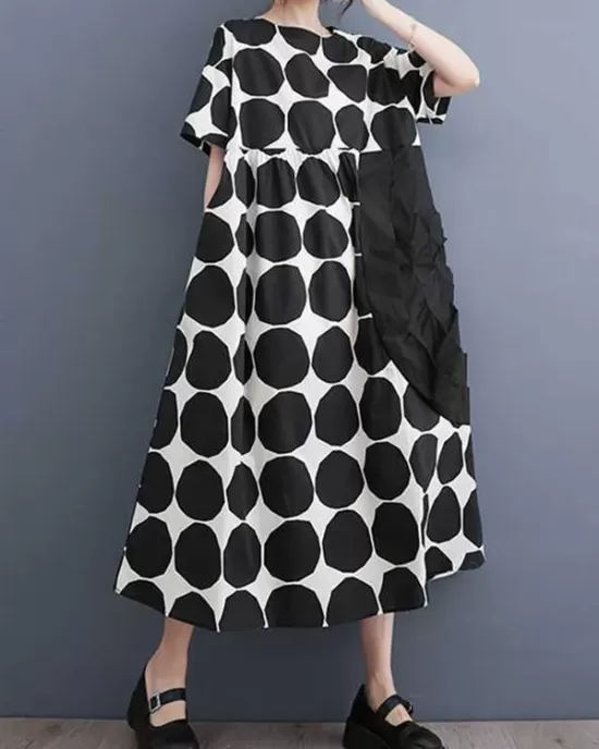 Polka-Dot Split-Joint Loose Short Sleeves Round-Neck Midi Dresses