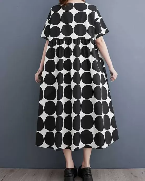 Polka-Dot Split-Joint Loose Short Sleeves Round-Neck Midi Dresses