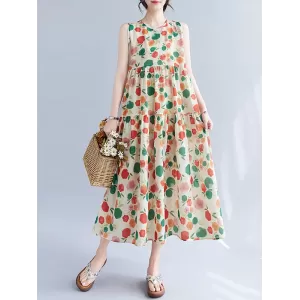 Floral Printed Pleated Split-Joint Loose Sleeveless Round-Neck Midi Dresses