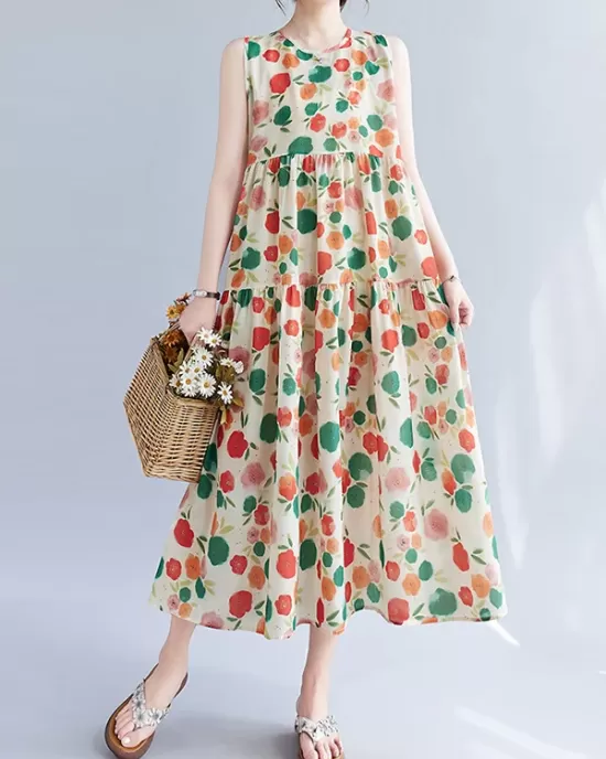 Floral Printed Pleated Split-Joint Loose Sleeveless Round-Neck Midi Dresses