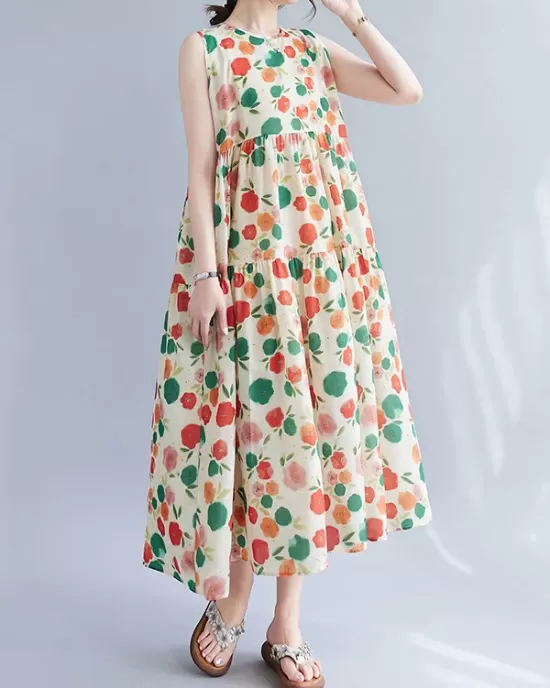 Floral Printed Pleated Split-Joint Loose Sleeveless Round-Neck Midi Dresses