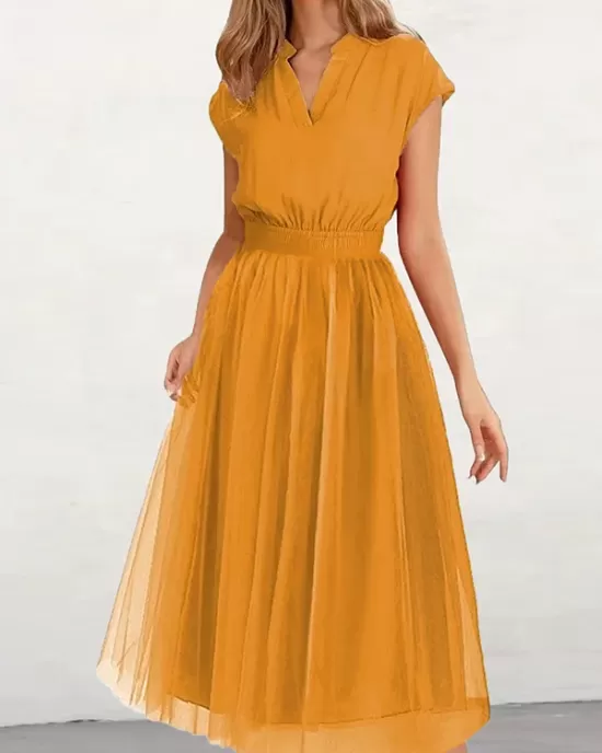 Solid Color Loose Short Sleeves V-Neck Midi Dresses