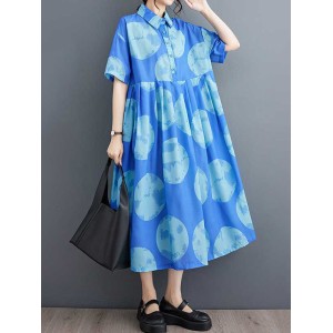 Polka-Dot Loose Short Sleeves Lapel Collar Midi Dresses