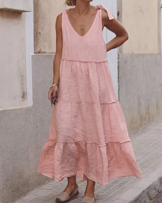 Solid Color Loose Sleeveless V-Neck Midi Dresses