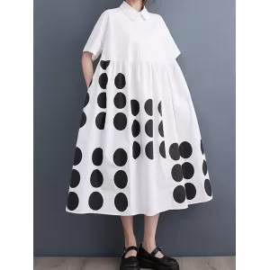 Buttoned Pockets Polka Dot Printed A-line Loose Lapel Midi Dresses