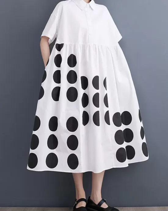 Buttoned Pockets Polka Dot Printed A-line Loose Lapel Midi Dresses