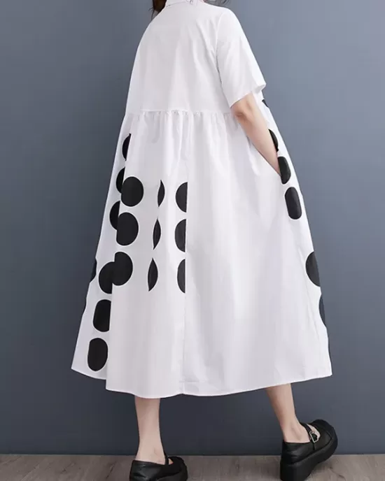 Buttoned Pockets Polka Dot Printed A-line Loose Lapel Midi Dresses