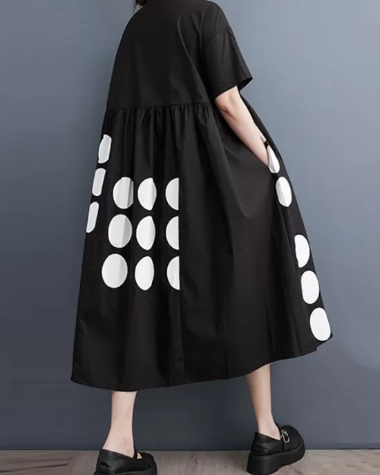 Buttoned Pockets Polka Dot Printed A-line Loose Lapel Midi Dresses