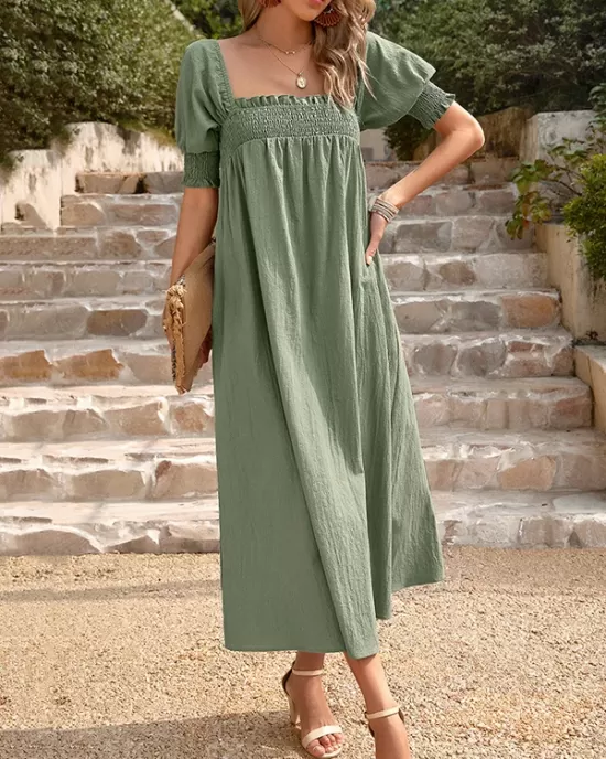 Pleated Solid Color Bishop Sleeve Loose Square-neck Midi Dresses