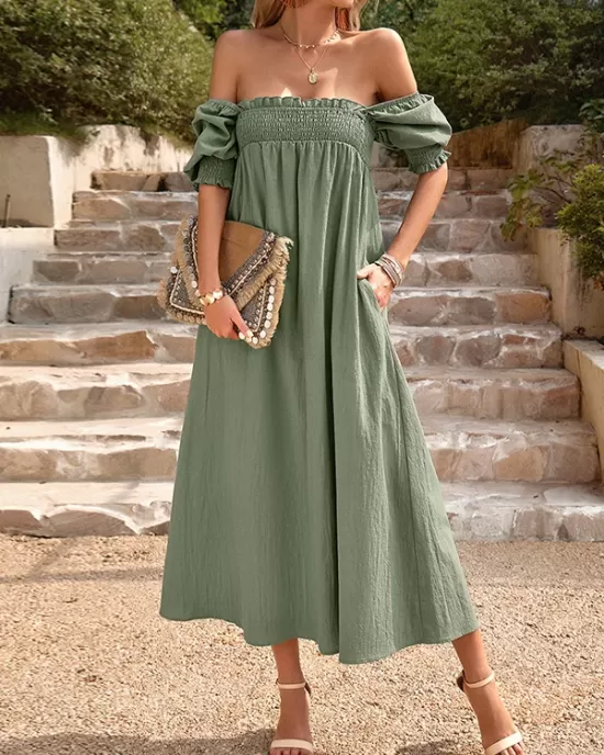 Pleated Solid Color Bishop Sleeve Loose Square-neck Midi Dresses