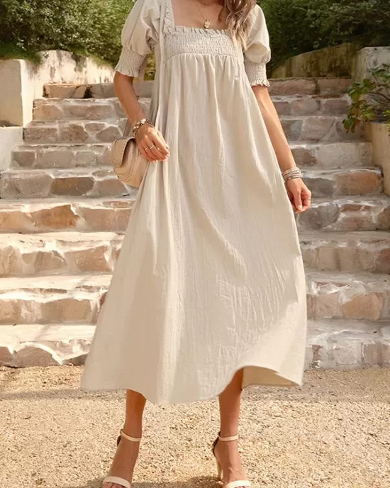 Pleated Solid Color Bishop Sleeve Loose Square-neck Midi Dresses