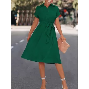 Buttoned Solid Color Tied Waist A-Line High Waisted Lapel Collar Shirt Dress Midi Dresses