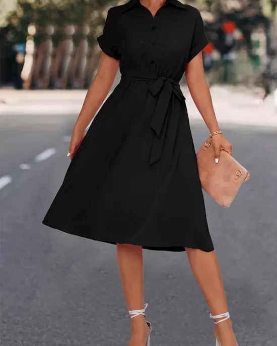 Buttoned Solid Color Tied Waist A-Line High Waisted Lapel Collar Shirt Dress Midi Dresses