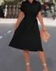 Buttoned Solid Color Tied Waist A-Line High Waisted Lapel Collar Shirt Dress Midi Dresses