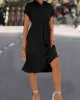 Buttoned Solid Color Tied Waist A-Line High Waisted Lapel Collar Shirt Dress Midi Dresses