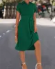 Buttoned Solid Color Tied Waist A-Line High Waisted Lapel Collar Shirt Dress Midi Dresses