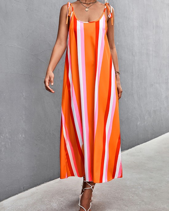 Contrast Color Striped Tied Loose Sleeveless U-Neck Slip Dress Midi Dresses