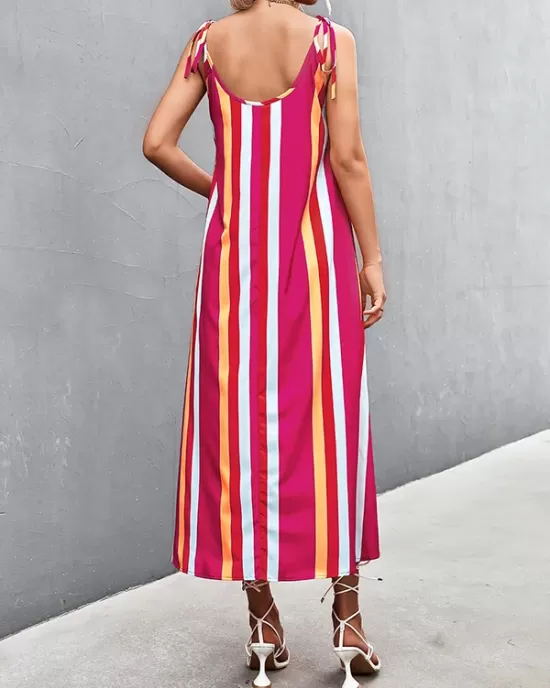 Contrast Color Striped Tied Loose Sleeveless U-Neck Slip Dress Midi Dresses