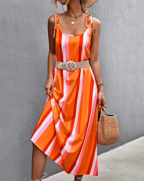 Contrast Color Striped Tied Loose Sleeveless U-Neck Slip Dress Midi Dresses