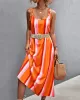 Contrast Color Striped Tied Loose Sleeveless U-Neck Slip Dress Midi Dresses