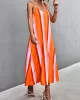 Contrast Color Striped Tied Loose Sleeveless U-Neck Slip Dress Midi Dresses