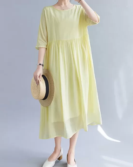 Pleated See-Through Solid Color Split-Joint Loose Short Sleeves Round-Neck Midi Dresses