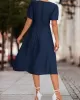 Elasticity Knot Pleated Solid Color Split-Joint A-line High Waisted V-neck Midi Dresses