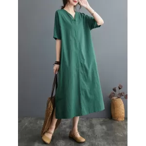 Chinese Frog Buttons Pockets Solid Color Split-Side A-Line Loose V-Neck Midi Dresses