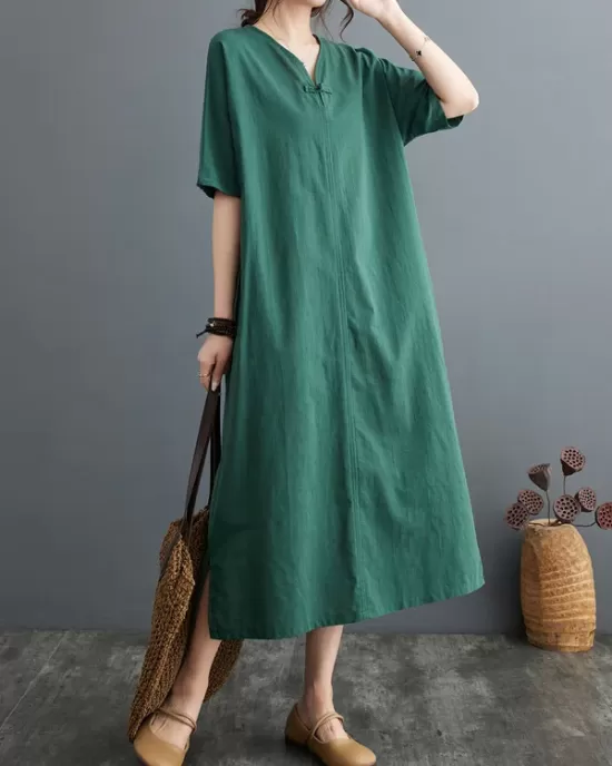 Chinese Frog Buttons Pockets Solid Color Split-Side A-Line Loose V-Neck Midi Dresses