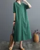 Chinese Frog Buttons Pockets Solid Color Split-Side A-Line Loose V-Neck Midi Dresses