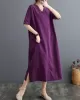 Chinese Frog Buttons Pockets Solid Color Split-Side A-Line Loose V-Neck Midi Dresses