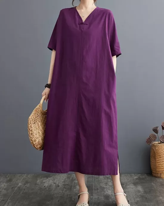 Chinese Frog Buttons Pockets Solid Color Split-Side A-Line Loose V-Neck Midi Dresses