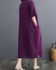 Chinese Frog Buttons Pockets Solid Color Split-Side A-Line Loose V-Neck Midi Dresses