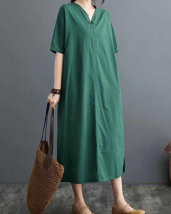 Chinese Frog Buttons Pockets Solid Color Split-Side A-Line Loose V-Neck Midi Dresses