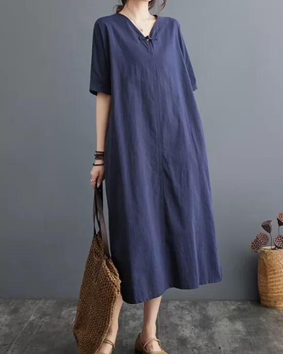 Chinese Frog Buttons Pockets Solid Color Split-Side A-Line Loose V-Neck Midi Dresses