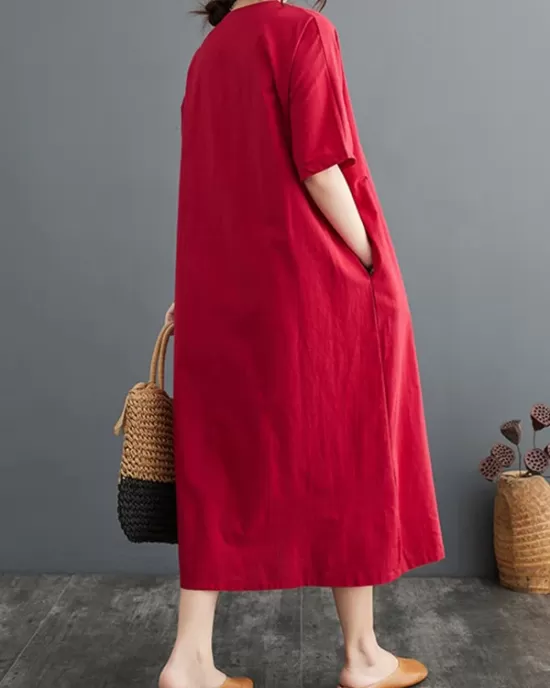 Chinese Frog Buttons Pockets Solid Color Split-Side A-Line Loose V-Neck Midi Dresses