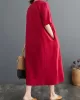 Chinese Frog Buttons Pockets Solid Color Split-Side A-Line Loose V-Neck Midi Dresses