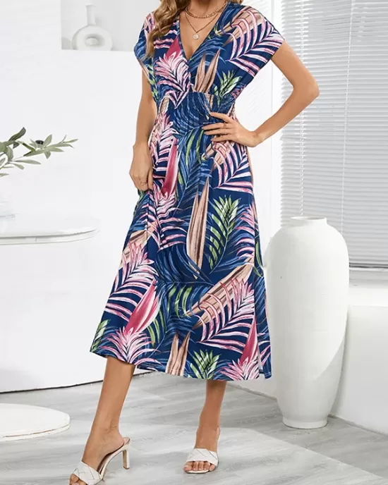 Hollow Lace-Up Printed Split-Joint Loose Short Sleeves V-Neck Midi Dresses