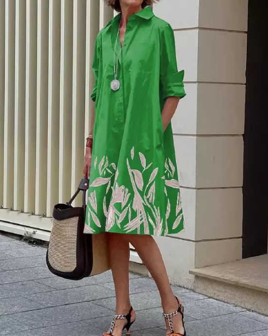 Long Sleeves Leaves Print Lapel Midi Dresses