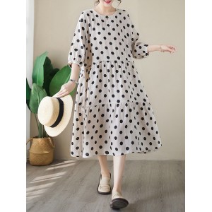 Polka Dot Split-Joint Half Sleeves Loose Midi Dresses